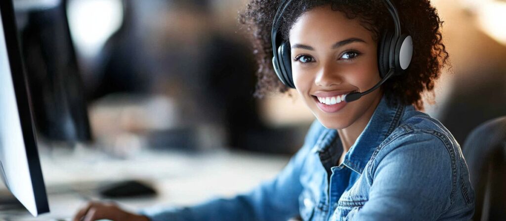 Focused young woman with curly hair wearing a African businesswoman on video